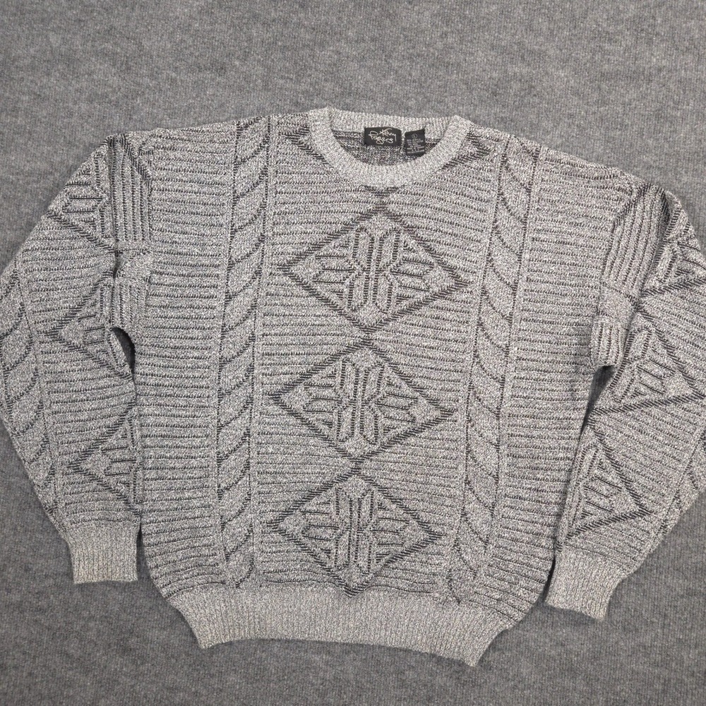Vintage Kenny Rogers Sweater Mens L Gray 3D Knit Wool Blend Crewneck Pullover